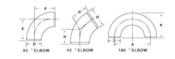 Different elbows with 90, 45, 180 degree